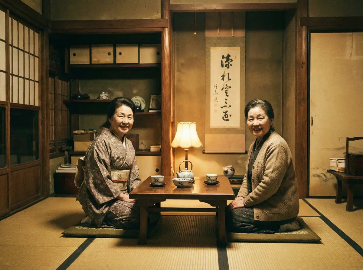 两位优雅的 吃瓜51 在日式茶室中品茶交谈